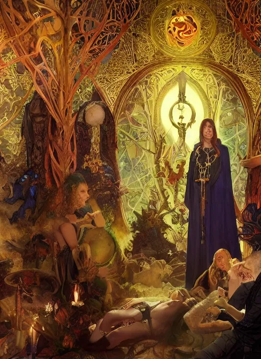 Prompt: mindcontrol inside covens den, intricate wiccan scene detailing, textless, hyperornate wiccan photorealistic mindcontrol, highly detailed, photorealistic, diffuse lighting, hdrp, artstation, unreal 5, smooth, sharp focus, art by john collier, albert aublet, krenz cushart, artem demura, alphonse mucha