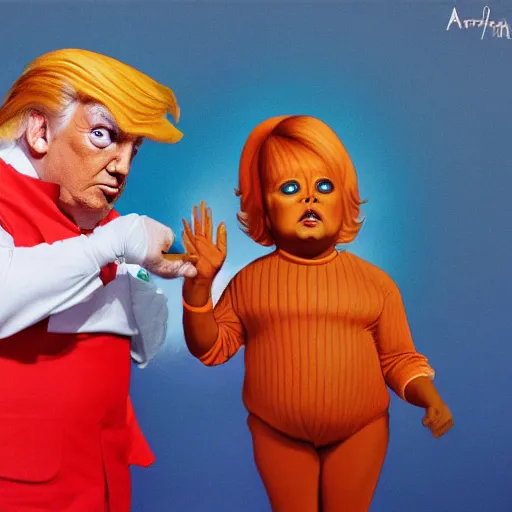 Image similar to an Oompa Loompa silently judging trump for being way too orange, trending on artstation, hyper realistic, 8k resolution