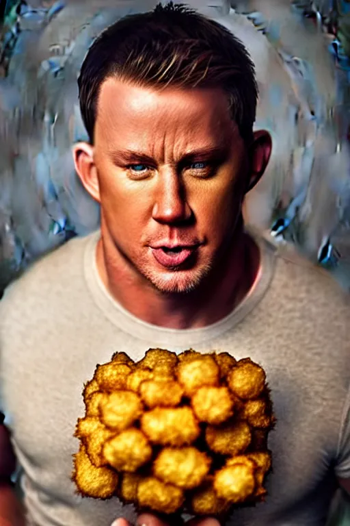 Image similar to channing tatum in a tater tot costume, tater tot face, ef 8 5 mm f 1. 8 usm, bionic scifi alexandre ferra, hyper detailed, digital art, trending in artstation, cinematic lighting, studio quality, smooth render, unreal engine 5 rendered, octane rendered