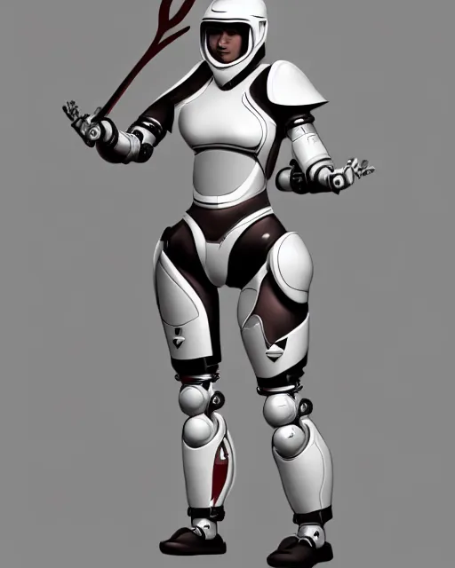 Prompt: concept art of a thicc female futurstic warrior, wearing a robotic white helmet, futurstic smooth slim fitted armor, sleek design, aerodynamic design, holding a large futurstic robotic bow | | epic - fine - clean, polished, trending on artstation, brush strokes