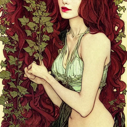 Prompt: a beautiful painting of poison ivy as an up and coming attorney who can't balance her life for love, dark eyeliner, intricate, elegant, highly detailed, digital painting, artstation, concept art, matte, sharp focus, illustration, art by rebecca guay and by arthur rackham and by alphonse mucha and by john william waterhouse