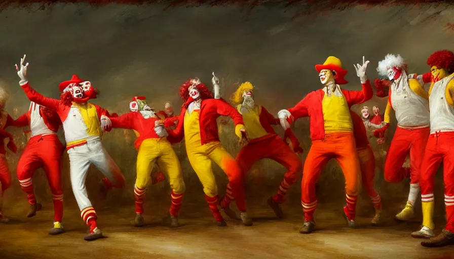 Prompt: highly detailed painting of a group of ronald mcdonalds with red afros, white facepaint, red noses and yellow tracksuits line dancing at a hoedown by william turner, by greg rutkowski, by william constable, thick brush strokes and visible paint layers, 4 k resolution