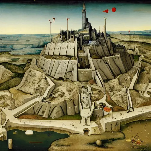 Image similar to Minas Tirith by Bruegel and Hokusail, masterpiece