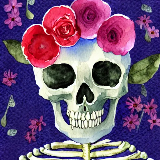 Image similar to skeleton surrounded by flowers, watercolor