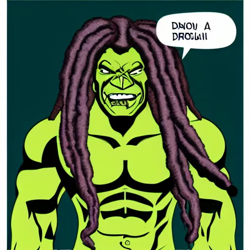 Image similar to black hulk with dreadlocks, cartoon drawing, meme