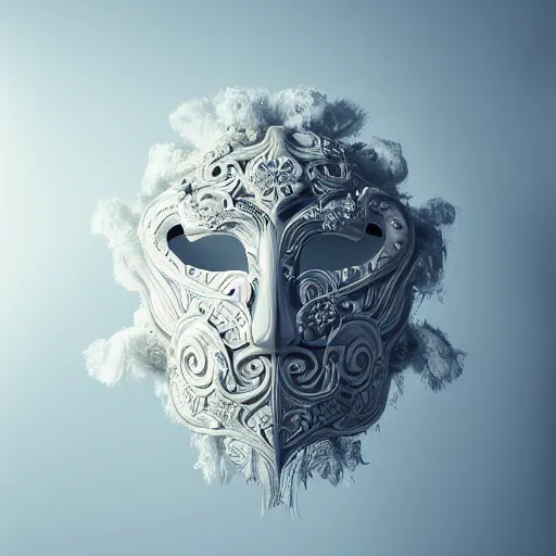 Image similar to an elaborate intricate mask made of wind caught is a cloud vortex, rendered in octane, behance hd, bokeh backdrop