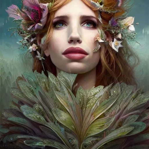 Prompt: upper body portrait shot of emma roberts as titania, summer queen. faerie queen. queen of light., highly detailed, digital painting, artstation, concept art, soft focus, depth of field, artgerm, tomasz alen kopera, peter mohrbacher, donato giancola, wlop, boris vallejo