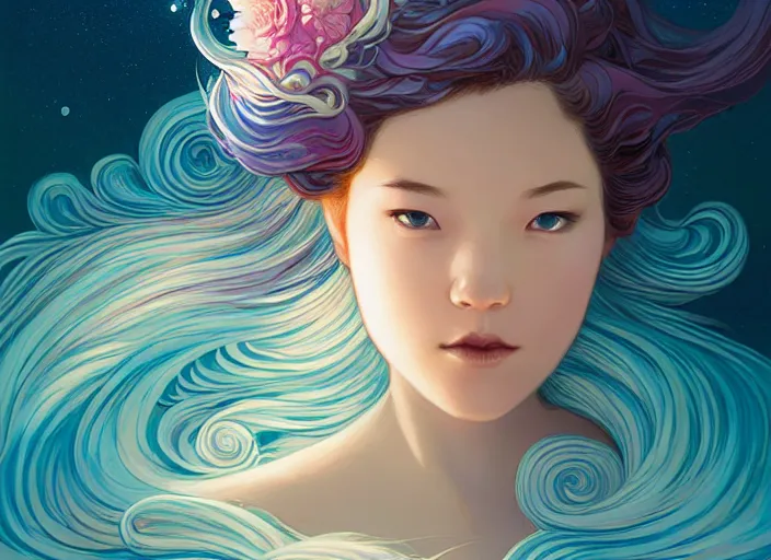 Prompt: harmony of swirly clouds, swirly ocean, swirly girl with flower in hair, eclipse, night sky, by wlop, james jean, victo ngai! muted colors, highly detailed, fantasy art by craig mullins, thomas kinkade