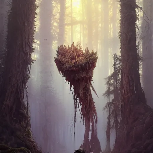 Image similar to highly detailed creepy forest humanoide creature in robes, stephen bliss, unreal engine, fantasy art by greg rutkowski, loish, rhads, ferdinand knab, makoto shinkai and lois van baarle, ilya kuvshinov, rossdraws, tom bagshaw, global illumination, radiant light, detailed and intricate environment