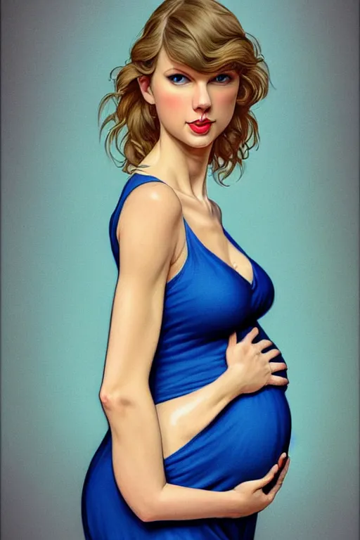 Image similar to pregnant taylor swift in a blue dress, realistic portrait, symmetrical, highly detailed, digital painting, artstation, concept art, smooth, sharp focus, illustration, cinematic lighting, art by artgerm and greg rutkowski and alphonse mucha