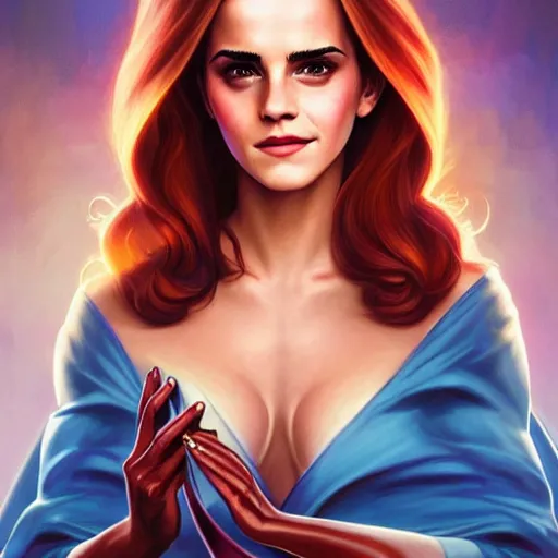 Image similar to emma watson as jessica rabbit, wand with crackling blue lightning, fantasy, intricate, elegant, highly detailed, digital painting, artstation, concept art, matte, sharp focus, illustration, in the style of magic the gathering, art by artgerm and greg rutkowski and alphonse mucha