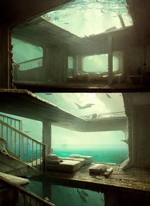 Prompt: inside a house that is sinking in the ocean, water is about mid level, furniture is half way submerged, concept art, highly detailed, cinematic lighting, digital art painting by greg rutkowski