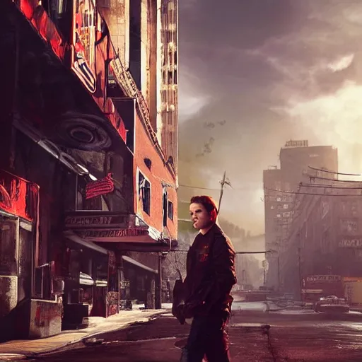 Image similar to fallout 5, charismatic david bowie, portrait, outdoors ruined cityscape, atmospheric lighting, painted, intricate, volumetric lighting, beautiful, daytime, sunny weather, slight overcast, sharp focus, deep colours, ultra detailed, by leesha hannigan, ross tran, thierry doizon, kai carpenter, ignacio fernandez rios