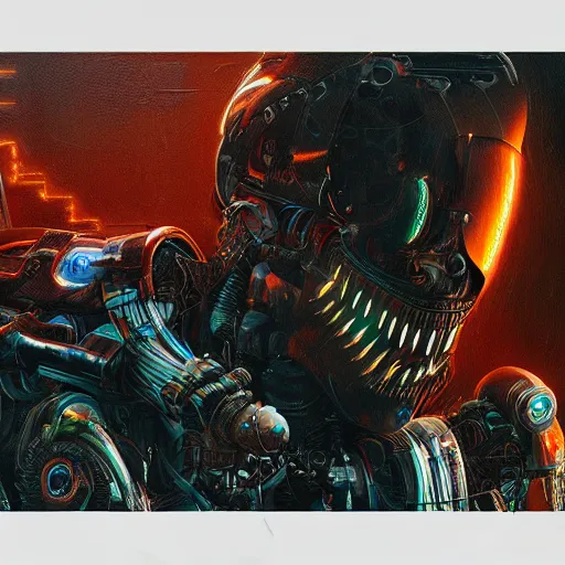 Image similar to cyborg robot tiger, huge jaws and exposed wiring, camera lens eyes, cyberpunk 2 0 7 7 and beksinski style painting