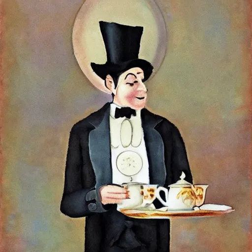 Prompt: a clockwork butler holding a plate of tea cups, steam punk, painting.