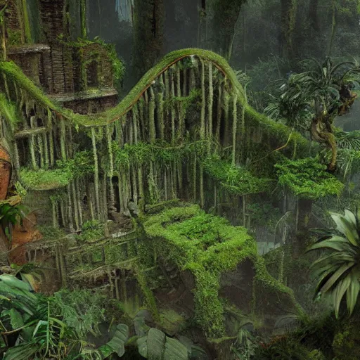 Image similar to A lost city in the jungle, with vines and moss covering the ruins, mysterious,enigmatic, Unreal Engine, 4k, by Iain McCaig and Jan toorop