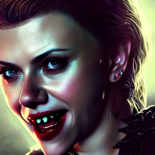 Prompt: cute vampire scarlett johansson, ultra realistic, concept art, intricate details, dark vibe, highly detailed, photorealistic, octane render, 8 k, unreal engine,