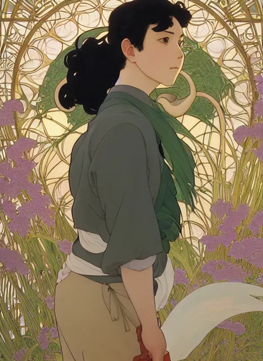 Image similar to pretty young man with short black hair, male, half body shot, path traced, highly detailed, high quality, digital painting, by studio ghibli and alphonse mucha, leesha hannigan, hidari, art nouveau, chiho aoshima, posuka demizu