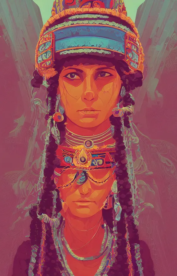 Prompt: mayan priestess, sharp focus, james gilleard, moebius, print, game art