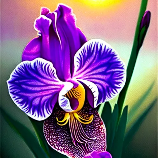 Image similar to detailed surreal orchid iris hybrid flower with lsd dew drops on petals, backlit, sunset, refracted lighting, photorealistic, soft, sharp focus, art by collier, albert aublet, krenz cushart, artem demura, alphonse mucha