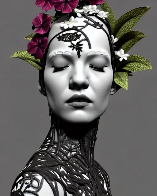 Image similar to monochrome 3 d model, 1 9 3 0 picture, floral steampunk biomechanical beautiful young female cyborg with porcelain profile face and a techno eye, volumetric light, leaves foliage and stems, hibiscus flowers, boho vines, sinuous fine roots, fine foliage lace, alexander mcqueen, rim light, big gothic fashion pearl embroidered collar, octane render, 8 k