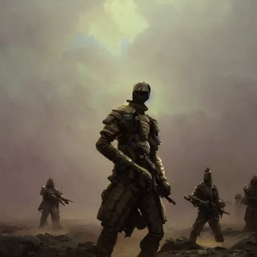 Image similar to cinematic shot epic portrait robot soldiers invading a human rebellion base, battlefield, explosions, dust, dirt, broad light, ambient occlusion, volumetric light effect, made by ivan aivazovsky, peter mohrbacher, greg rutkowski, matte painting, trending on artstation, 4 k, perfectly defined features, digital painting, cinematic, epic, highly detailed,