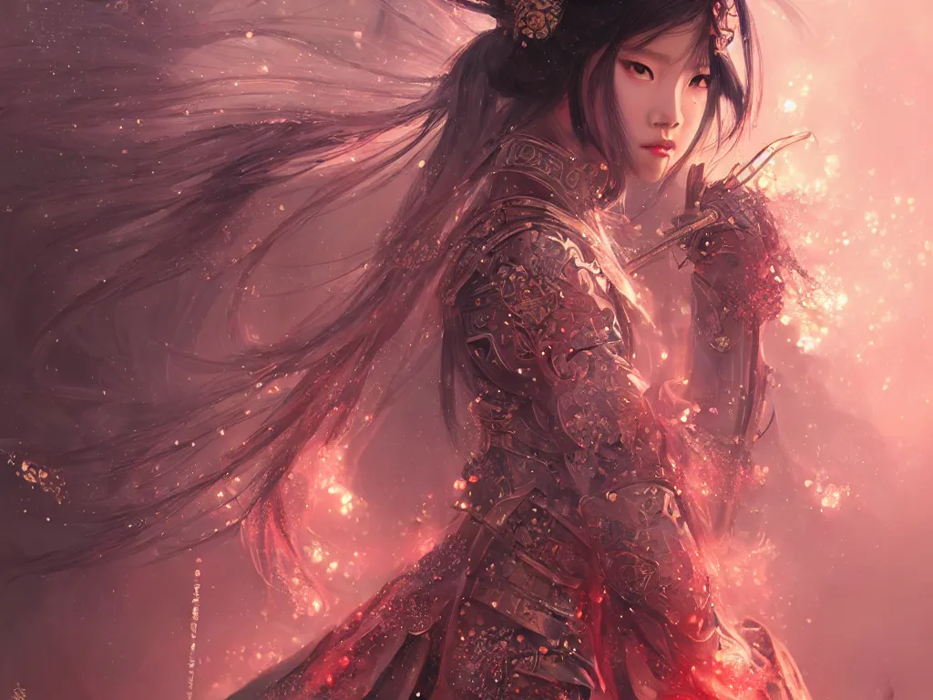 Image similar to jisoo blackpink samurai girl, armored samurai clothes, in japanese temple fire stormy sparkles night, ssci - fi and fantasy, intricate and very very beautiful and elegant, highly detailed, digital painting, artstation, concept art, smooth and sharp focus, illustration, art by tian zi and wlop and alphonse mucha