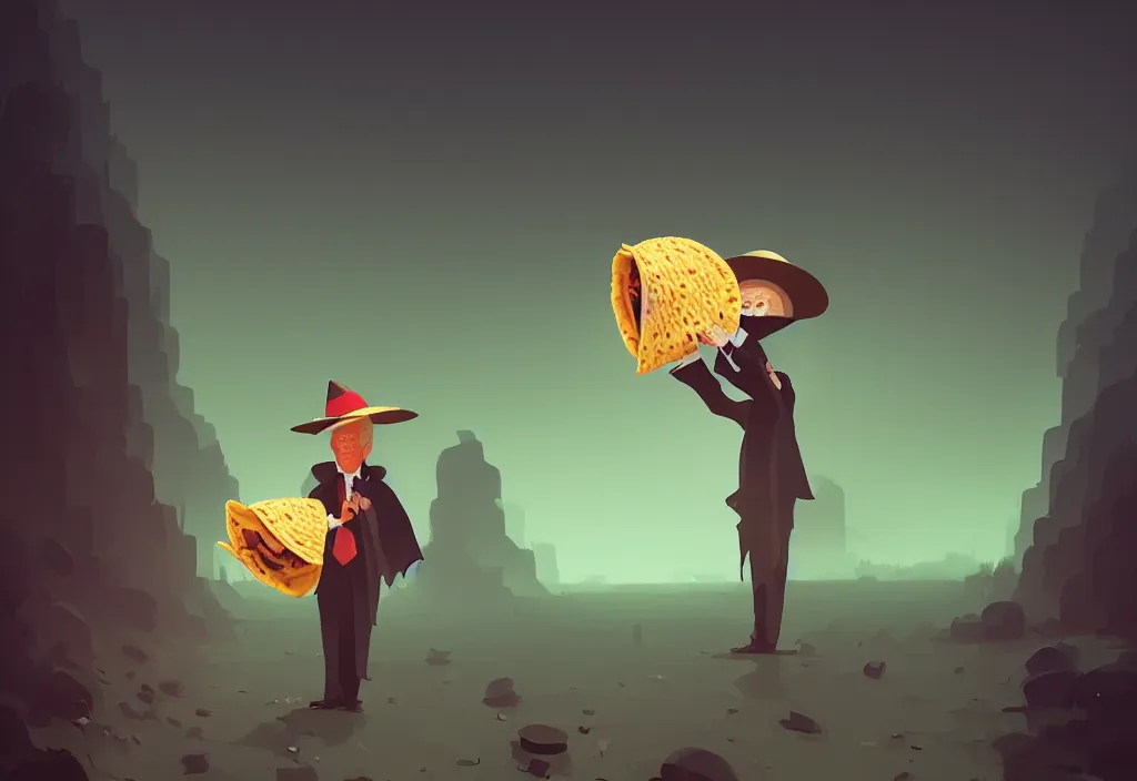 Image similar to donald trump dressed in poncho and sombrero holding a taco, presidental elections candidates, cnn, fox news, fantasy, by atey ghailan, by greg rutkowski, by greg tocchini, by james gilleard, by joe gb fenton, dynamic lighting, gradient light green, brown, blonde cream, salad and white colors in scheme, grunge aesthetic