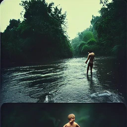 Image similar to location : river, action : man saving child from drowning, atmosphere : rainy. vfx, golden ratio, sharp focus, dramatic lighting, hdr shadows, very detailed, extra crisp, dramatic lighting, hollywood style, at behance, at netflix, with instagram filters, photoshop, adobe lightroom, adobe after effects, taken with polaroid kodak portra