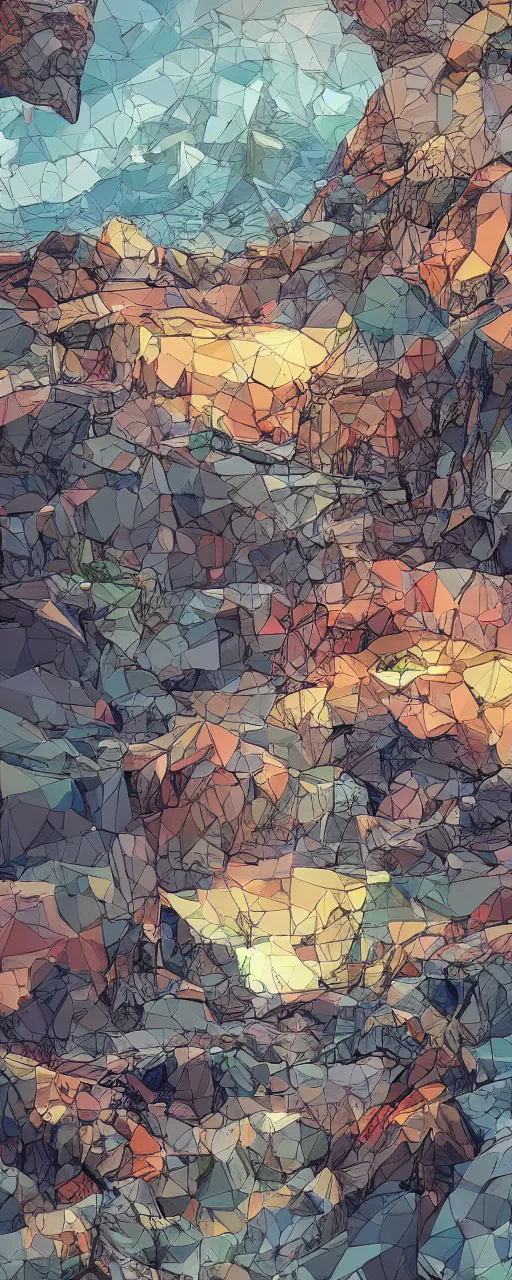 Image similar to super detailed color cutout lowpoly art, northern sunset with rocks on front, monochrome photorealistic bay in the middle of perspective and mountains at background, big graphic vessel in the middle of composition, unreal engine, high contrast color palette, 3 d render, lowpoly, colorful, digital art, perspective, full volume composition, robb cobb, robert mccall, syd mead