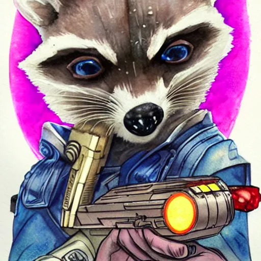 Image similar to racoon holding a laser gun, guardians of the galaxy style, centered award winning watercolor pen illustration, by caroline choi, edited by range murata