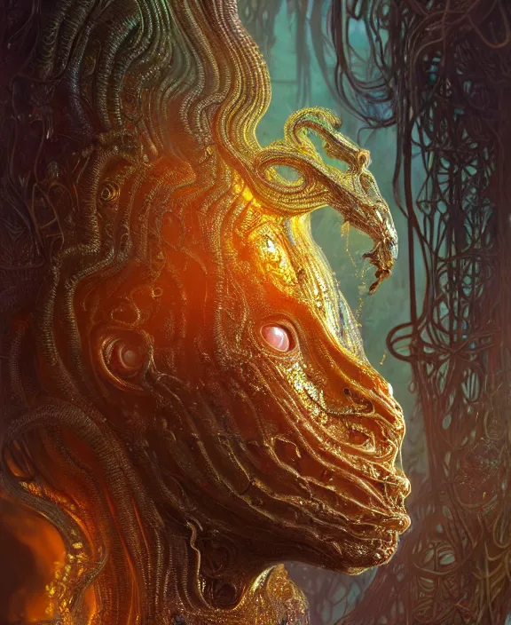 Prompt: intricate ornate opulent transparent clear see - through lava portrait of a terrifying beautiful male alien rat, mottled coloring, adorable, childlike, overgrown jungle environment, ultra realistic, concept art, art nouveau, photorealistic, octane render, 8 k, unreal engine. art by christopher marley and artgerm and greg rutkowski and alphonse mucha