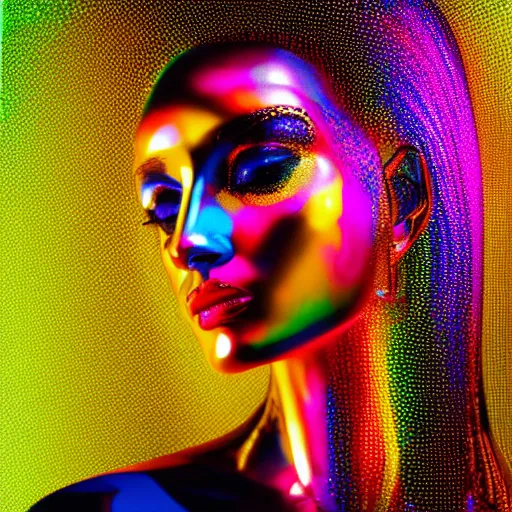 Image similar to hyperdetailed masterpiece portrait of a glossy golden metallic statue of a woman covered in colorful glowing digital circuits and hexagons, symmetrical, in the style of virgil abloh, offwhite, heron prestorn, denoise, vogue, paris, fashion, louvre museum, highly detailed, realistic, hyperreal, 8 k, render