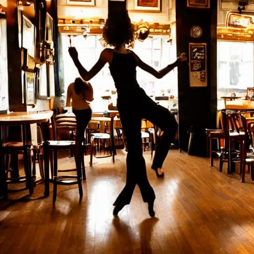 Prompt: a slender woman dinking and dancing in a pub