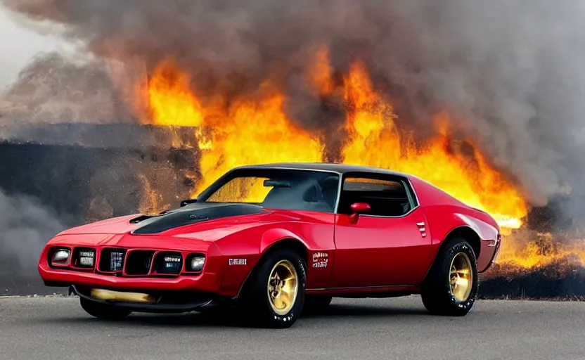 Prompt: a black 1 9 7 3 pontiac firebird trans am sd - 4 5 5 driving high speed, fire explosion in the background, action scen. realistic. dramatic