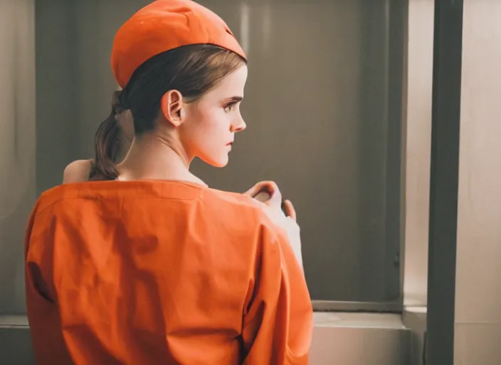 Image similar to photo of emma watson sitting in a jail cell wearing an orange jumpsuit and a red hat, defocused bars in the foreground, 8 k, 8 5 mm f 1. 8