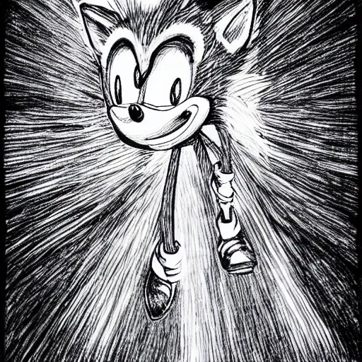 Image similar to sonic the hedgehog, single line drawing in ball point pen