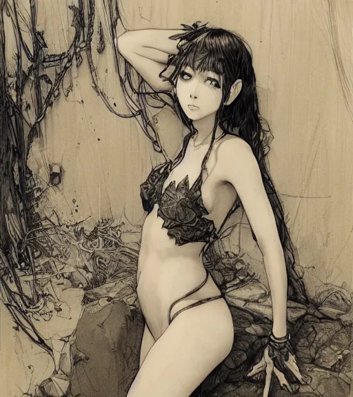 Prompt: portrait of anime elf girl wearing swimsuit, pen and ink, intricate line drawings, by craig mullins, ruan jia, kentaro miura, greg rutkowski, loundraw