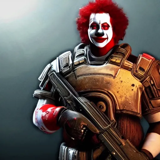 Prompt: ronald mcdonald clown in gears of war, cinematic shot, hyperdetailed