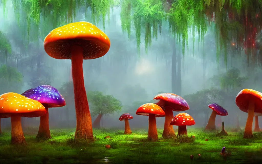 Prompt: a misty swamp with many colorful giant mushrooms, at night, many trees!, beautiful lighting, fantasy colors, vivid colors!, highly detailed, octane render, 4 k, trending on artstation, deviantart featured