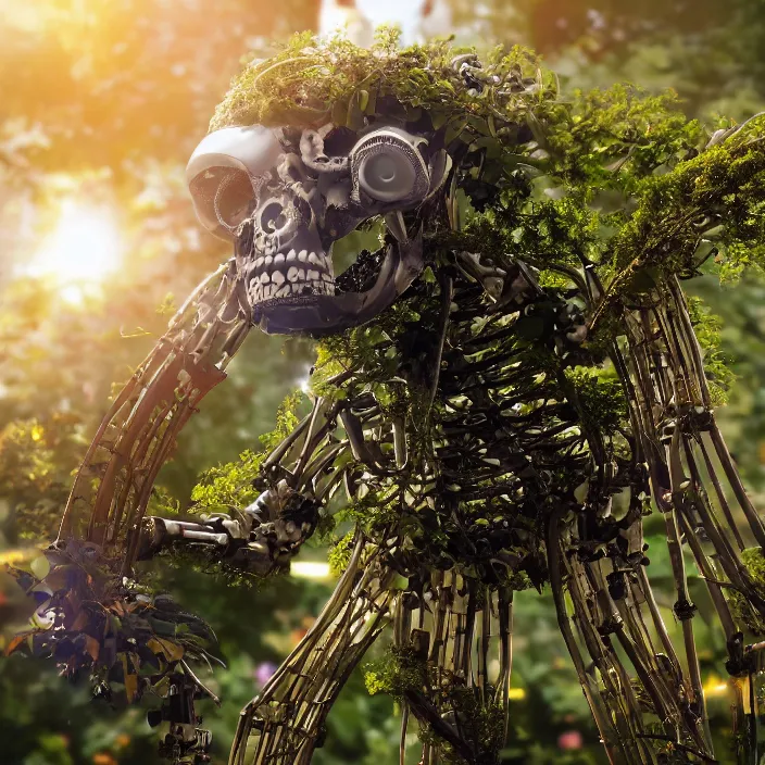 Prompt: overgrown foliage over a robotic bio skeleton, close - up, 3 5 mm, f 1. 8, bokeh, beautiful, lens flare, emotional, sweet, flowers, detailed, picture, trending on artstation, award - winning, shiny, golden