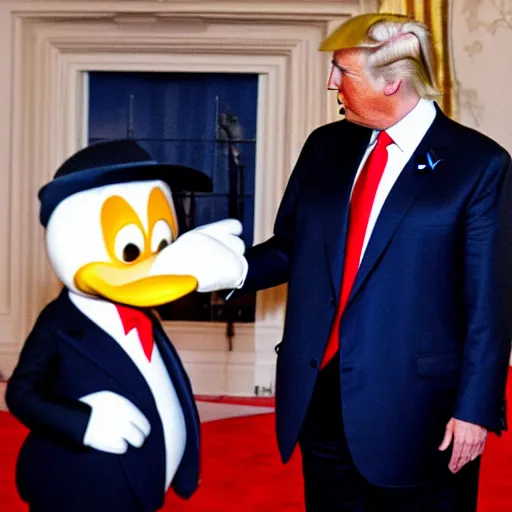 Prompt: Donald Trump shaking hands with Donald Duck