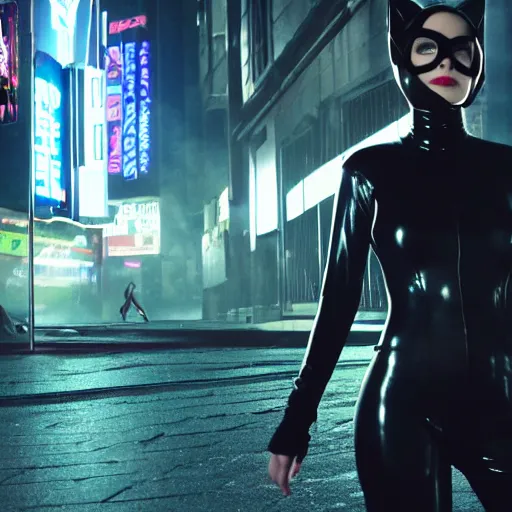 Prompt: catwoman in black latex suit walking through cyberpunk city, neon lights, wide long shot, 4 k, photography, cinematic, foggy, centered shot, walking away from camera, realistic 8 k matte painting with photorealistic hd lighting. composition and layout inspired by gregory crewdson and brendon burton.