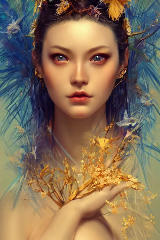 Image similar to stunningly beautiful, blue - eyed geisha prima ballerina in jungle, symmetrical face, golden hour, smooth, focus, highly detailed, hyper realistic, dramatic lighting, elegant, intricate, concept art, art by wlop, mars ravelo, greg rutowski, artstation