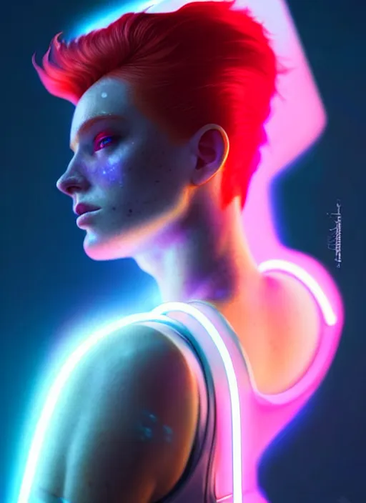 Image similar to an extremely beautiful redhead american female humanoid with freckled cheeks, cyber neon lighting, by loish, d & d, fantasy, futurism, cyberpunk fashion clothes, elegant profile posing, perfect anatomy, hyper photorealistic, digital photography, artstation, pinterest, concept art, art by pascal blanche and greg rutkowski,