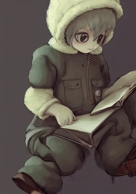 Image similar to beautiful little boy wearing sheep suit reading a book while sitting on chair, gray, blue, green and brown pallet color. made in abyss art style, inspired in kris from deltarrune, cute detailed artwork, anatomically correct, soft details, ilya kuvshinov, reflection, perfect composition, mobile wallpaper, low illumination