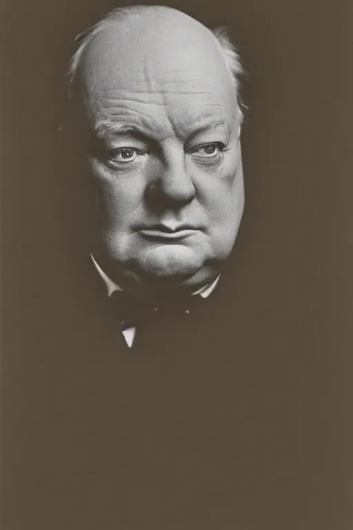 Prompt: photo portrait of churchill, head centered portrait, enigmatic, smiling, head in focus, shot with hasselblad, 5 0 mm lens, photography, very soft diffuse lights, by yousuf karsh and man ray, fine film grain, dark smoky background
