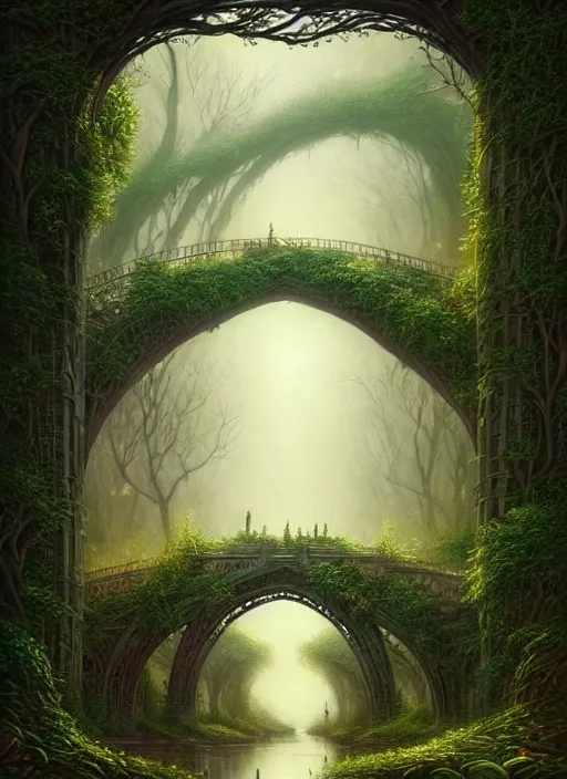 Image similar to book cover!!!!!!!!!!!!, old bridge, ivy leaves graphic vectors at each border, fantasy forest landscape, fantasy magic, light night, intricate, elegant, sharp focus, illustration, highly detailed, digital painting, concept art, matte, art by wlop and artgerm and greg rutkowski, masterpiece