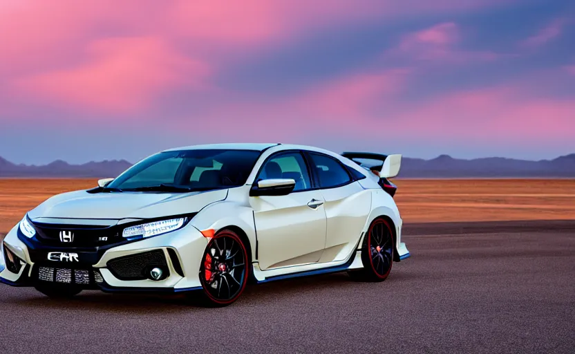 Image similar to photograph of a cell-shaded Honda Civic EK9 Type-R, surrounded by desert with a futuristic city in the horizon, sigma 85mm f/1.4, 4k, depth of field, high resolution, 4k, 8k, hd, full color