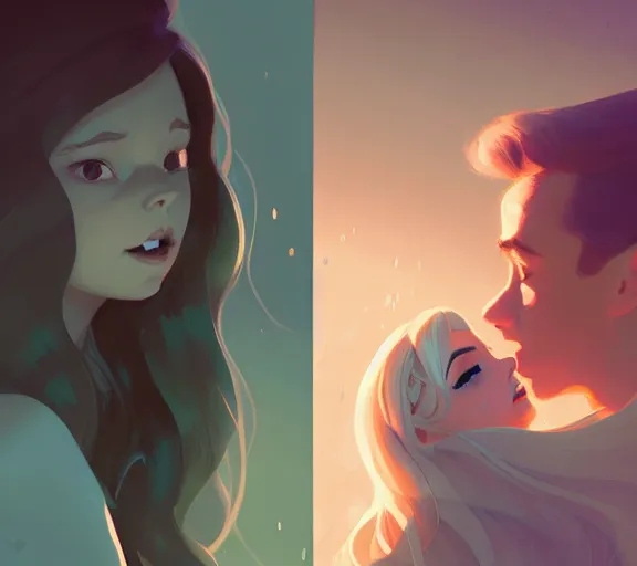 Image similar to portrait aurora kissing rapunzel by atey ghailan, by greg rutkowski, by greg tocchini, by james gilleard, by joe fenton, by kaethe butcher, dynamic lighting, gradient light blue, brown, blonde cream and white color scheme, grunge aesthetic